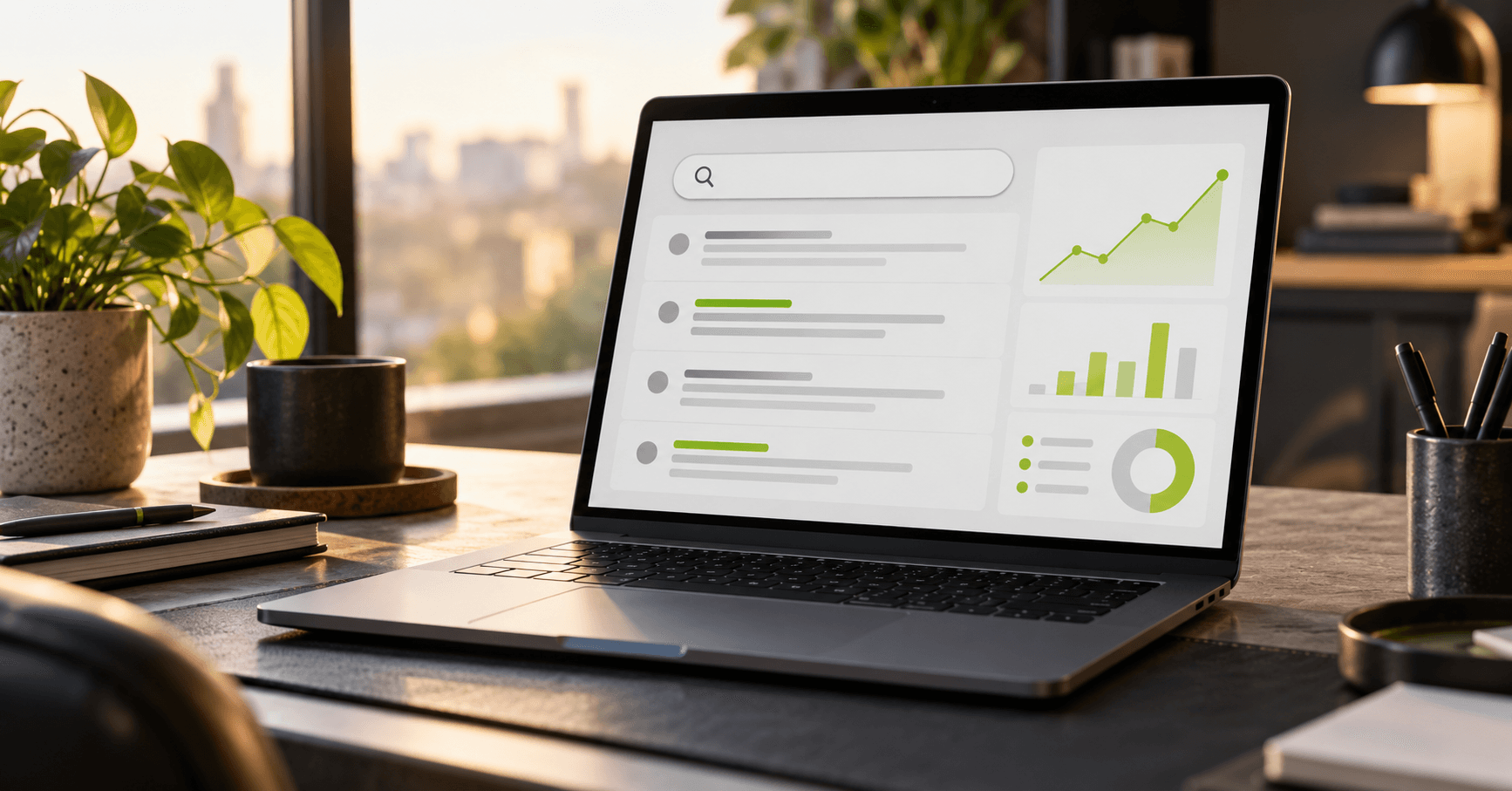 Laptop mit einem Suchsichtbarkeits-Dashboard und grünen Analyse-Diagrammen
